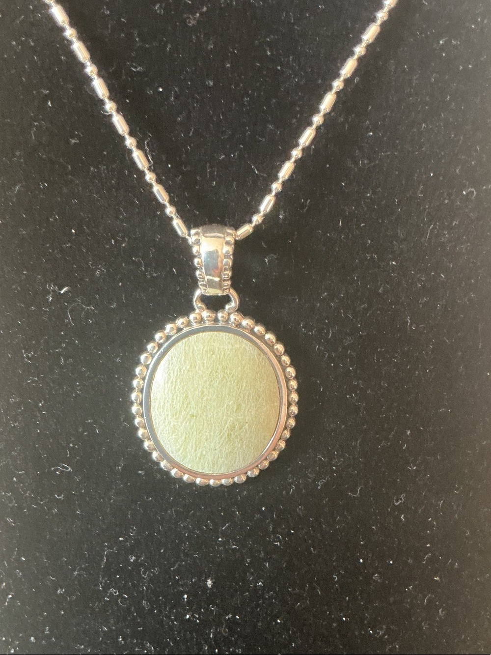 Silver Beaded Round Pendant Necklace with Pale Green Inset